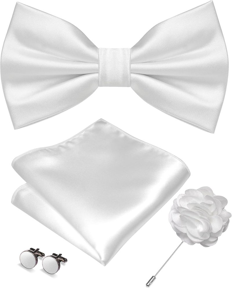 RBOCOTT Solid Color Bow Tie and Pocket Square with Lapel Pin Cufflinks Set 4PCS - Image 1